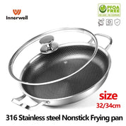 Home Kitchen 316L Stainless Steel Frying Pan Braised Pot with Glass Lid Double Handle Nonstick Cooking Pots Suitable All Stove