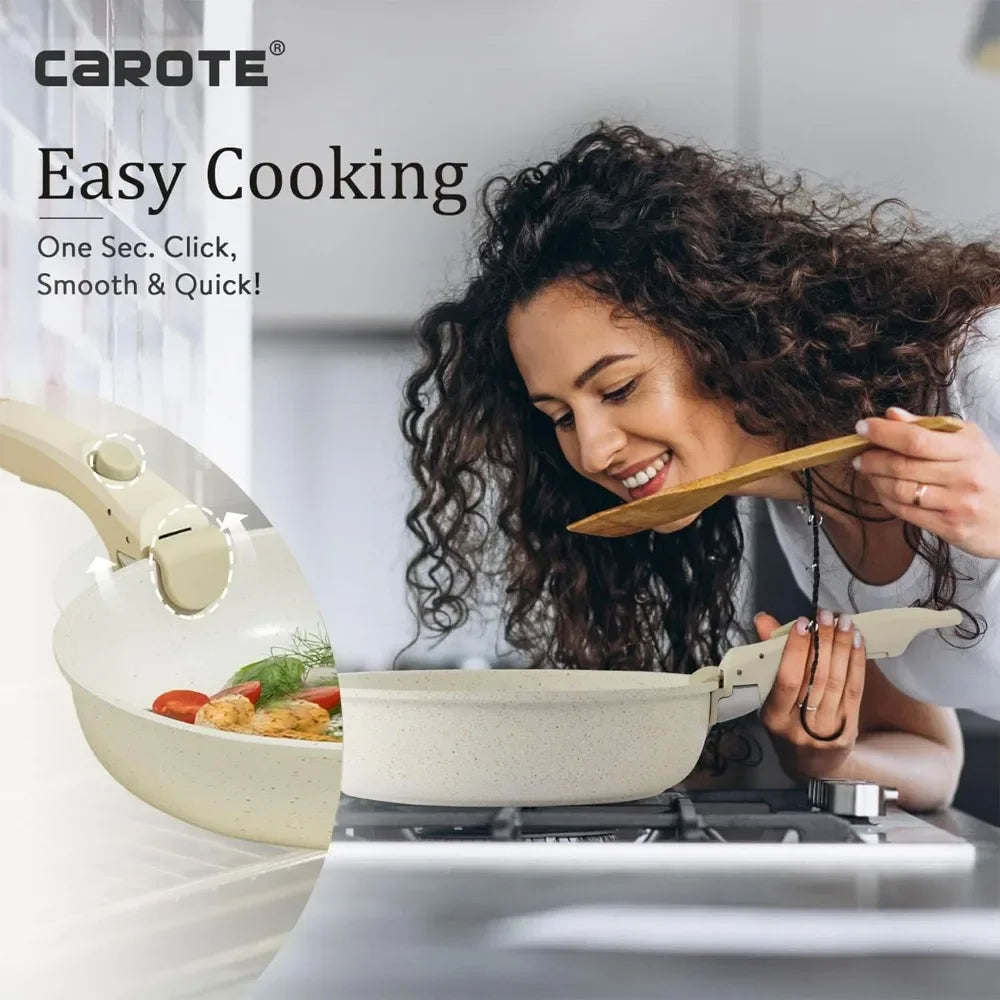 CAROTE 11-Piece Nonstick Cookware Set, detachable handle, granite- coated stainless steel